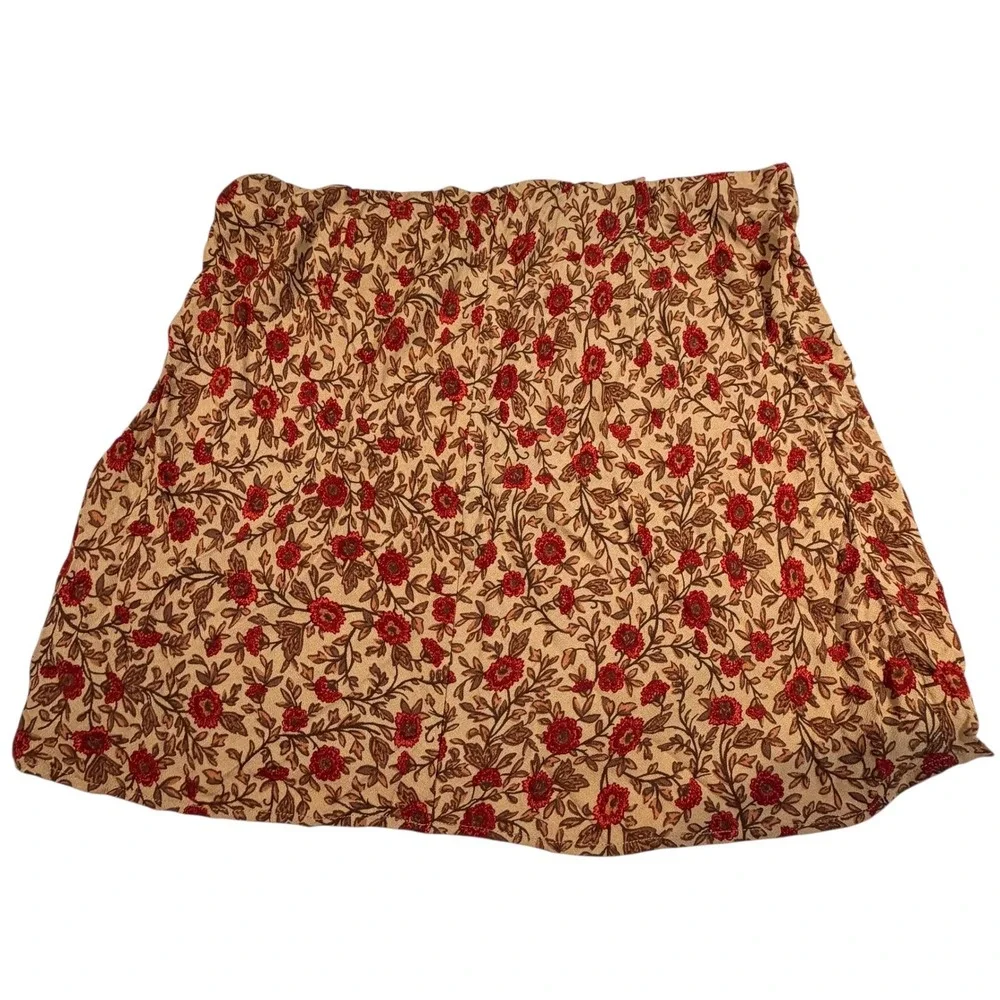 Aeropostale Skirt XL Tan Red Floral Boho Mini‎ Elastic Waist 8852
